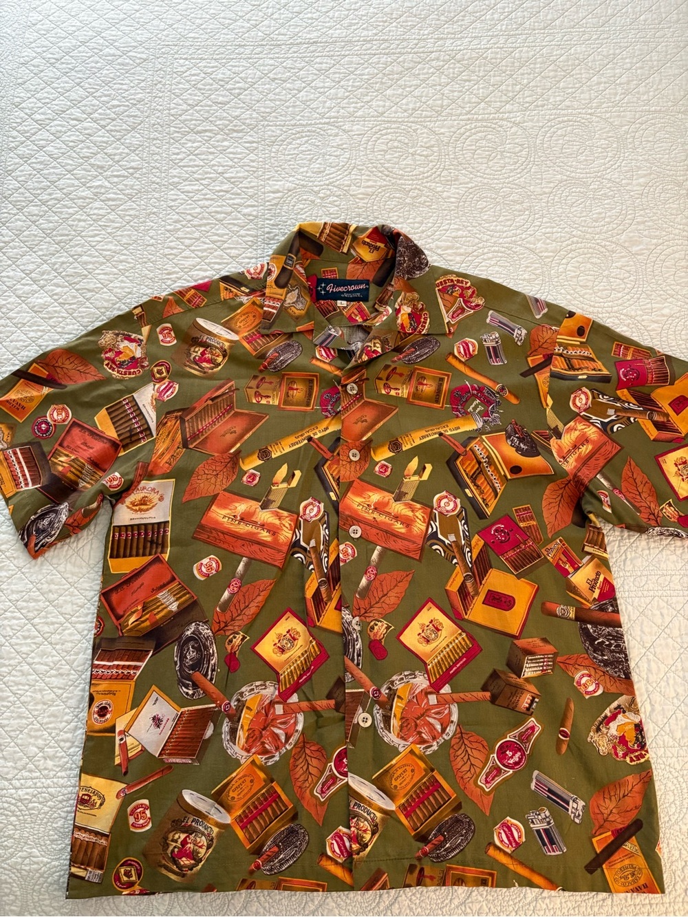 Y2K Five Crown Hawaiian cigar print shirt. Size large.